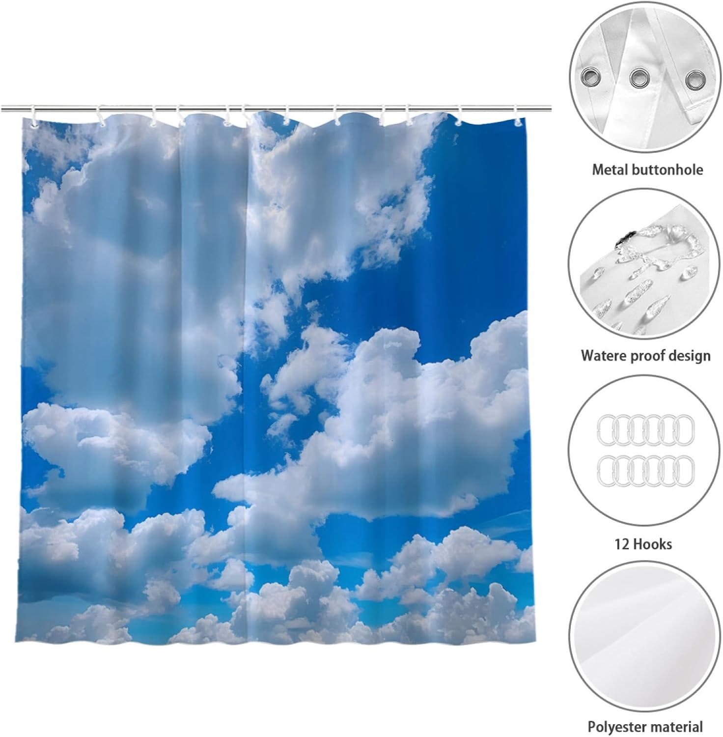 Cortina de ducha con nubes blancas y cielo azul, juego de cortina de ducha de paisaje natural, accesorios de baño, tela impermeable, decoración de