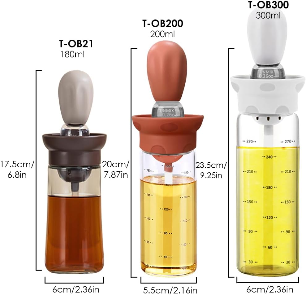 TINMIX Dispensador de aceite de oliva  Botella dispensadora de aceite de vidrio de 10.1 fl oz con cepillo de untado para cocinar salsa de vinagre de