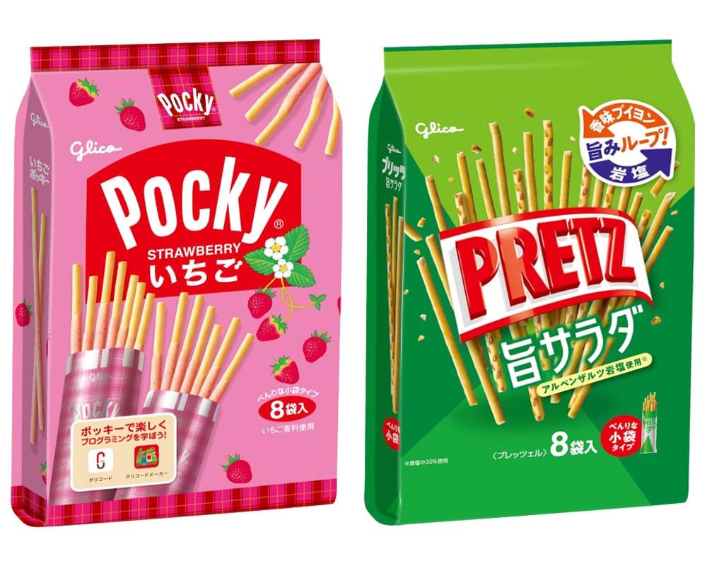 “Pocky”sabor a chocolate de fresa “Pretz” sabor a ensalada Umami 2 tipos de pretzels conjunto Glico con MAIKO Pegatina Pio big bazar