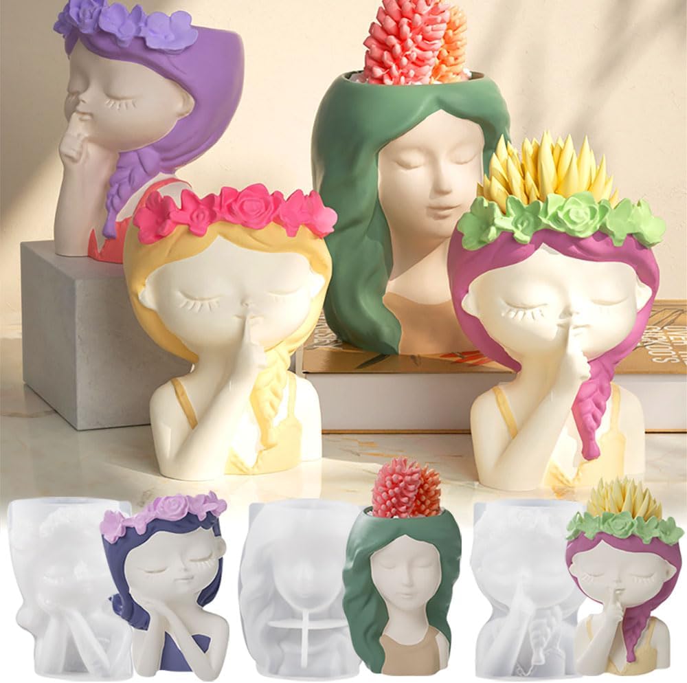 Linda maceta de silicona para niña, macetas pequeñas, moldes de silicona para resina, yeso, hormigón, macetas de resina, moldes de resina, moldes