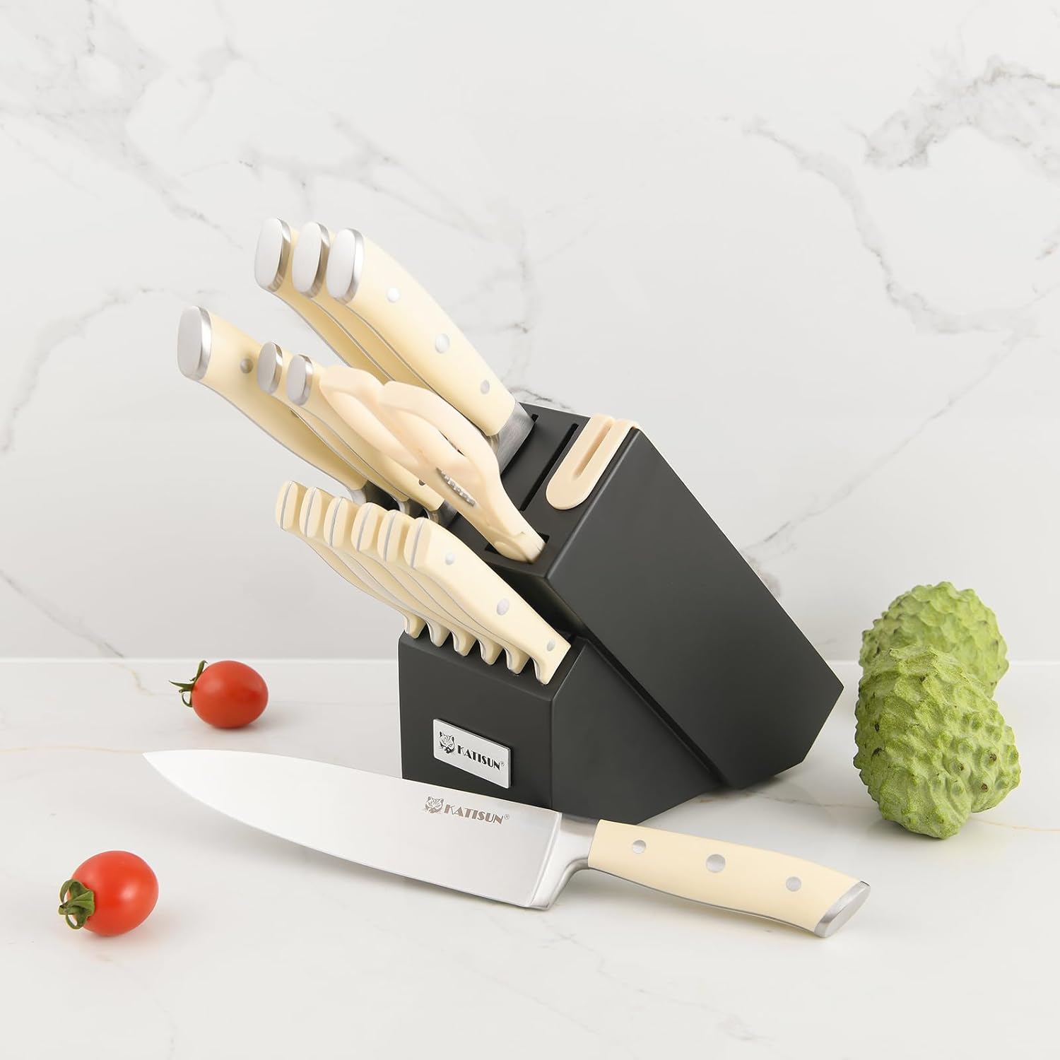 Juego de cuchillos de acero japonés de 16 piezas con bloque, cuchillos de chef con mango ergonómico ABS, afilador y tijeras para cortar, rebanar y