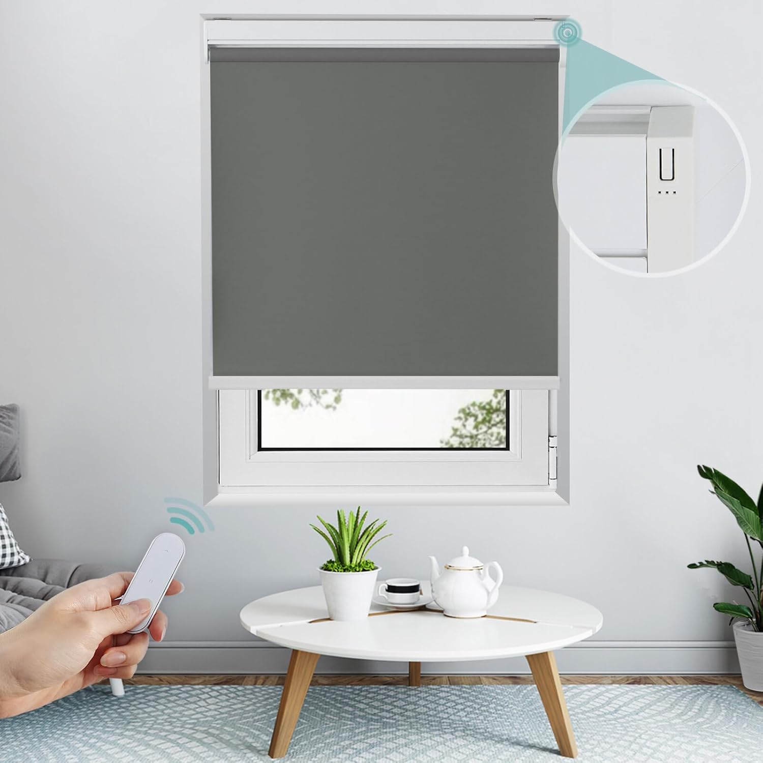 Allesin Persianas enrollables motorizadas con control remoto para ventanas, persiana enrollable inteligente, eléctrica a pilas (gris oscuro, 39