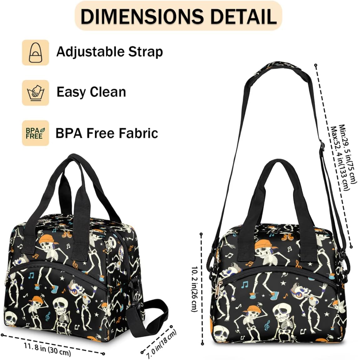 Bolsas de almuerzo aisladas con diseño de esqueleto bailarín para mujeres y hombres, adultos, día de los muertos, bolsa térmica reutilizable con