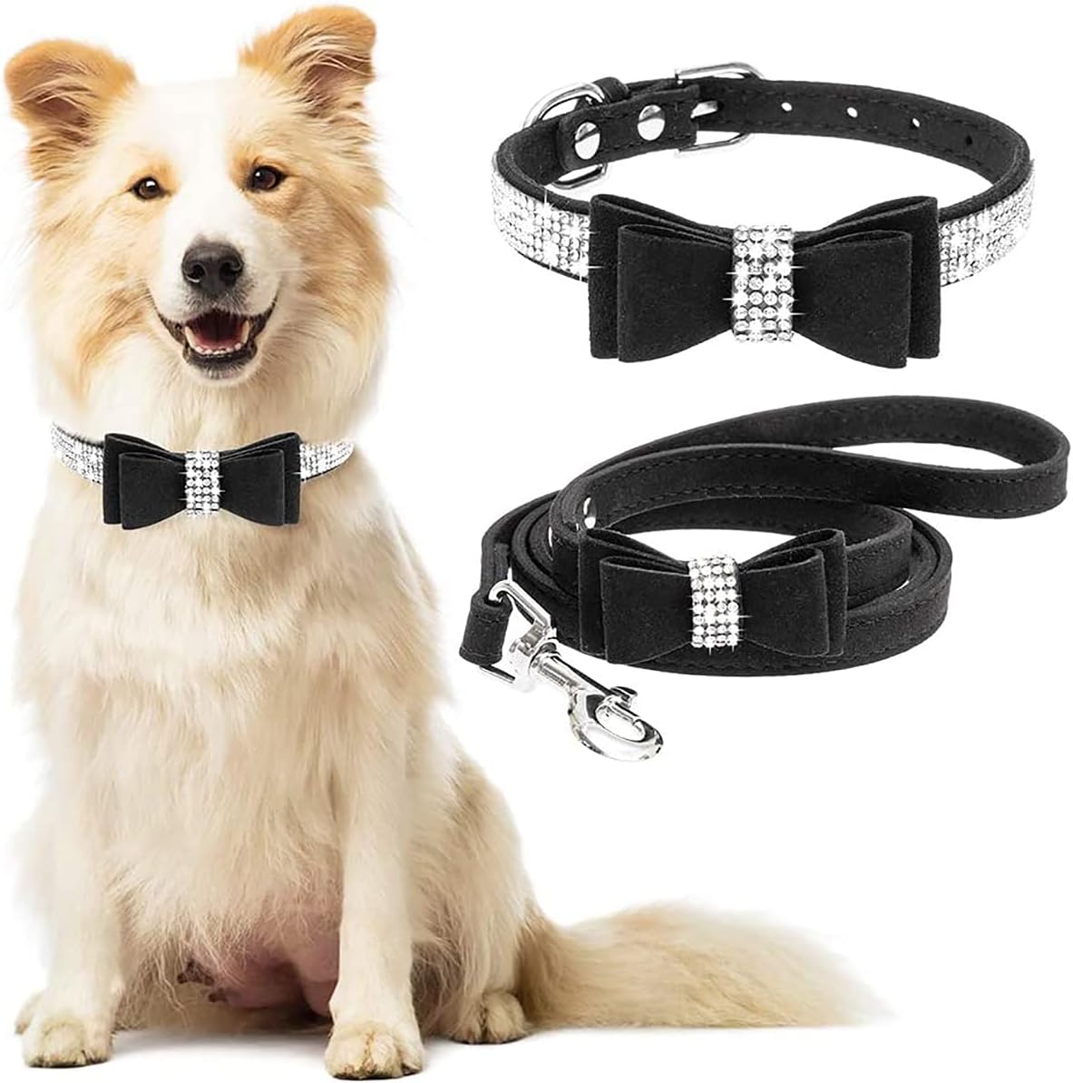 Juego de collar para perro con correa, collares y correas ajustables para perros y gatos con diamantes de imitación y lazo de cristal brillante para