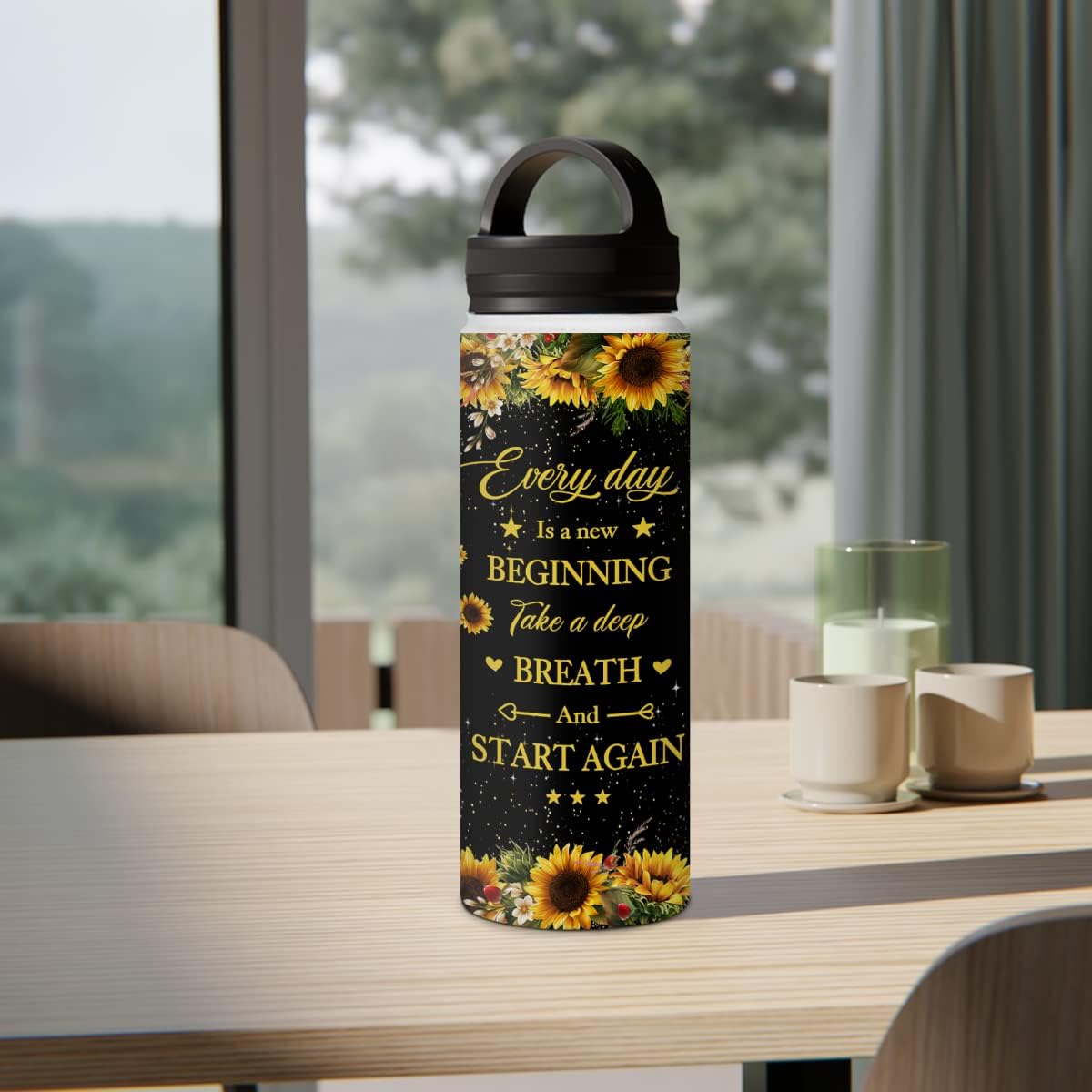 wowcugi Regalos inspiradores para mujeres, botella de agua personalizada Everyday Is A New Beginning, regalos de girasol para niñas, mejores amigas,