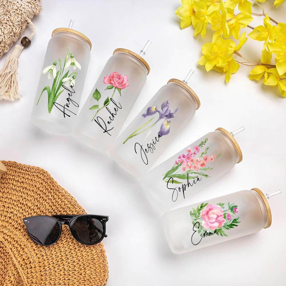 Vaso personalizado con nombre, regalo para ella, vaso delgado de 20 onzas, vaso de vidrio personalizado con nombre floral, vaso de dama de honor,