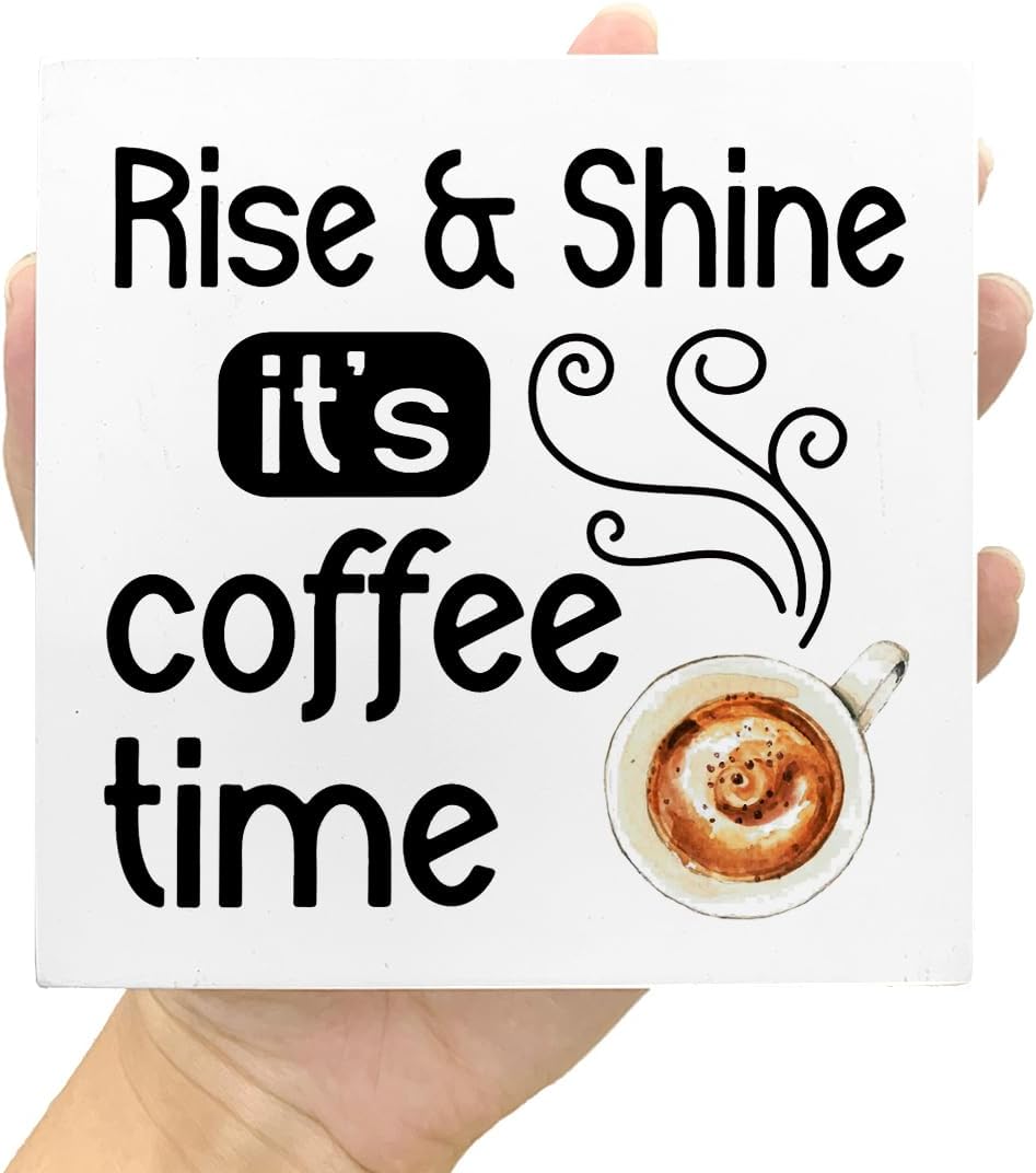 Funny Coffee Sign Decor,Rise and Shine It’s Coffee Time Wood Block Signs,Farmhouse Coffee Desk Decor for Coffee Bar Coffee Corner V639