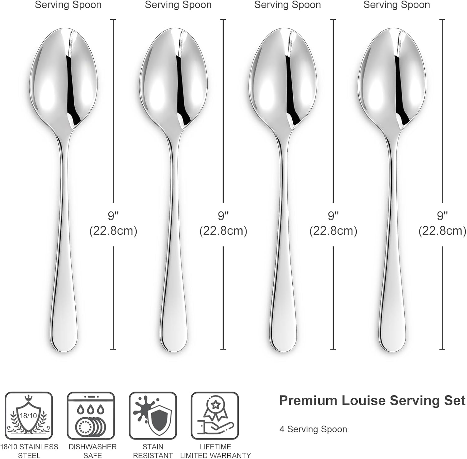 KEAWELL Juego de 4 cucharas Louise de alta calidad, acero inoxidable 1810, acabado de espejo excepcional, aptas para lavavajillas (cuchara de servir