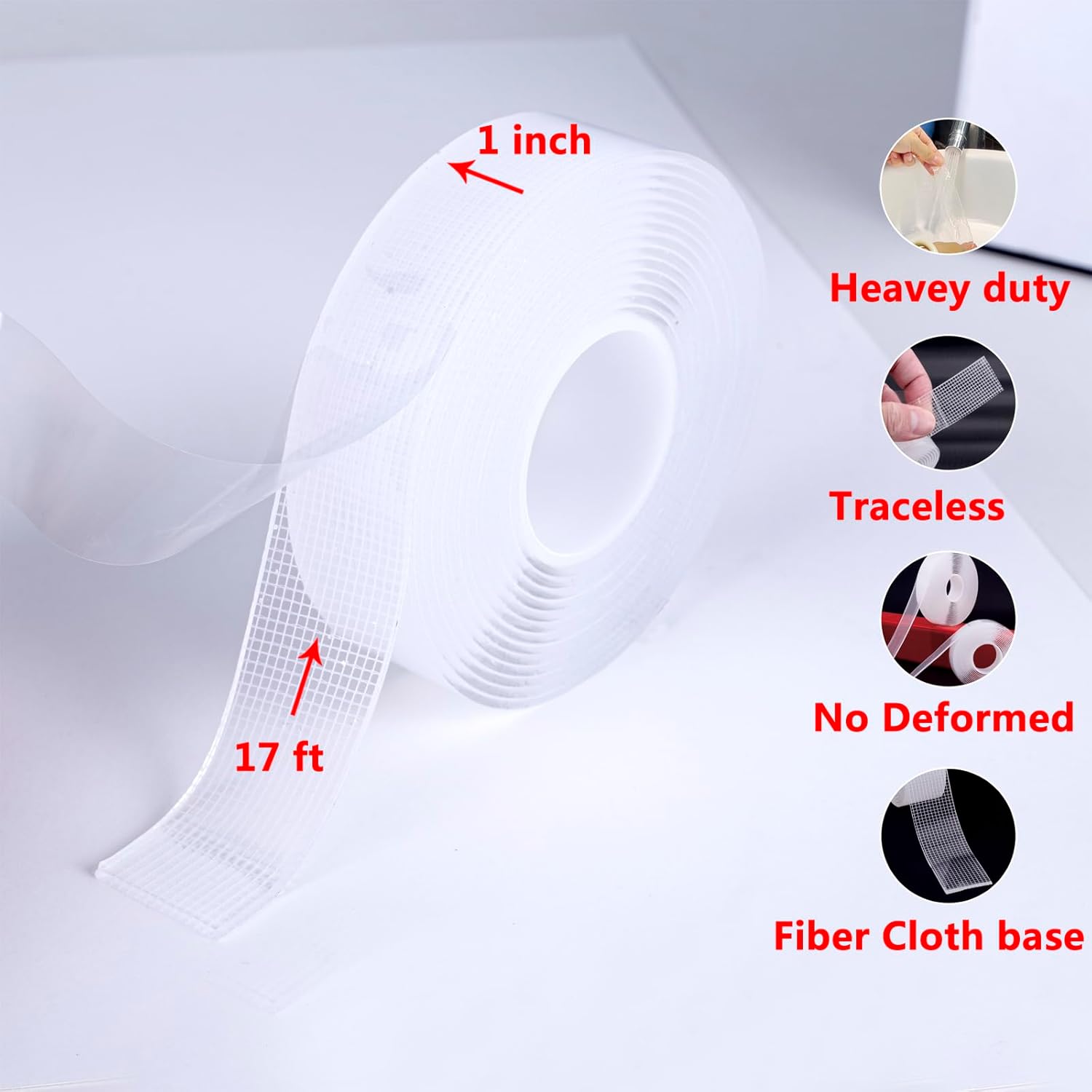 Leyibo Cinta adhesiva de doble cara resistente, 1 pulgada x 17 pies extraíble de montaje nano cinta adhesiva, lavable y reutilizable, cinta adhesiva