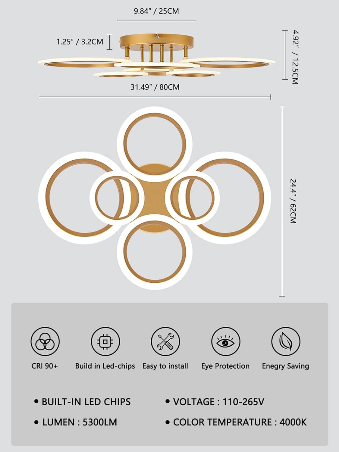 Lámpara de techo LED moderna, lámpara de techo de montaje empotrado de 6 anillos, lámpara de techo de iluminación de 4000 K para cocina, dormitorio,