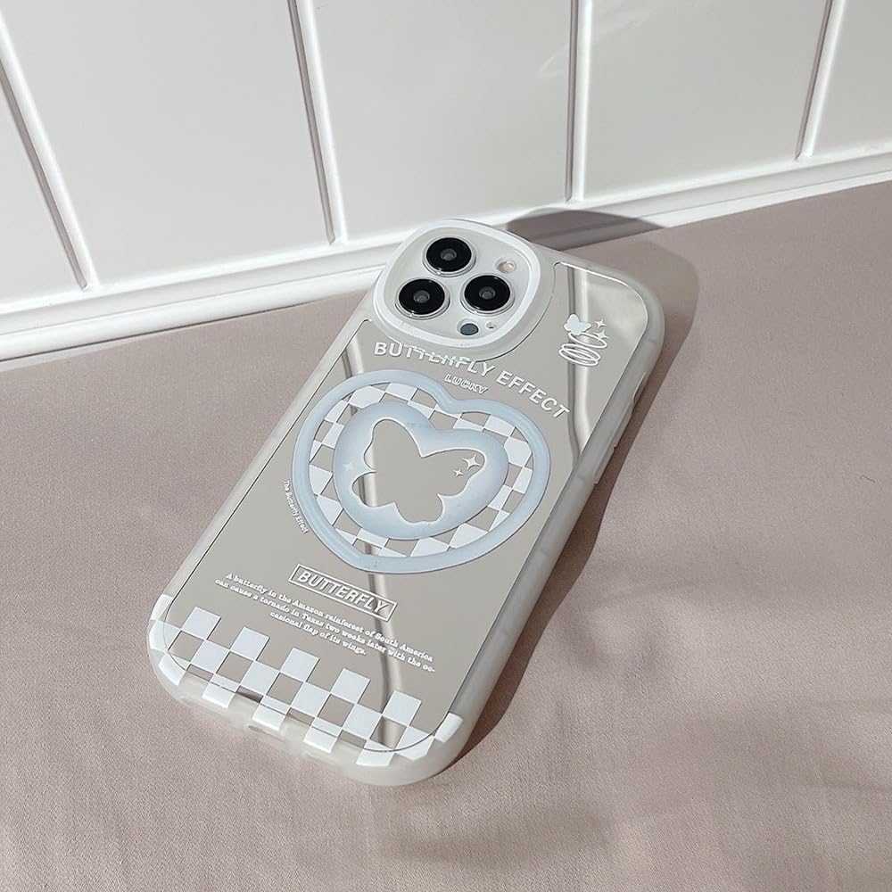 Funda para iPhone 13, diseño de cuadrícula de mariposa con espejo, diseño femenino de dibujos animados Kawaii Y2K, diseño de impresión femenina para