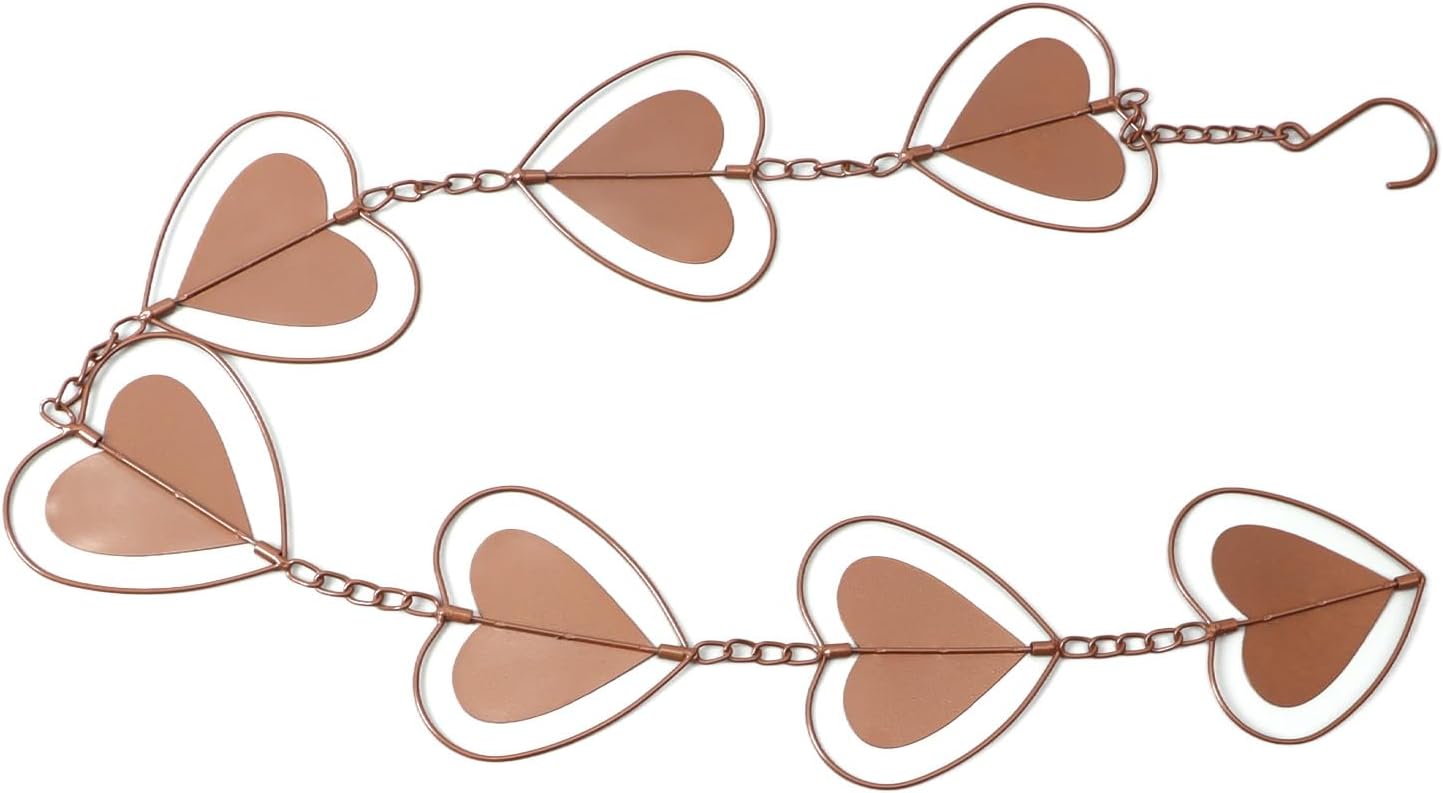 Jeanoko Cadena de lluvia de metal, función de drenaje, carillón de viento decorativo en forma de corazón con gancho, cadena de atrapador de lluvia