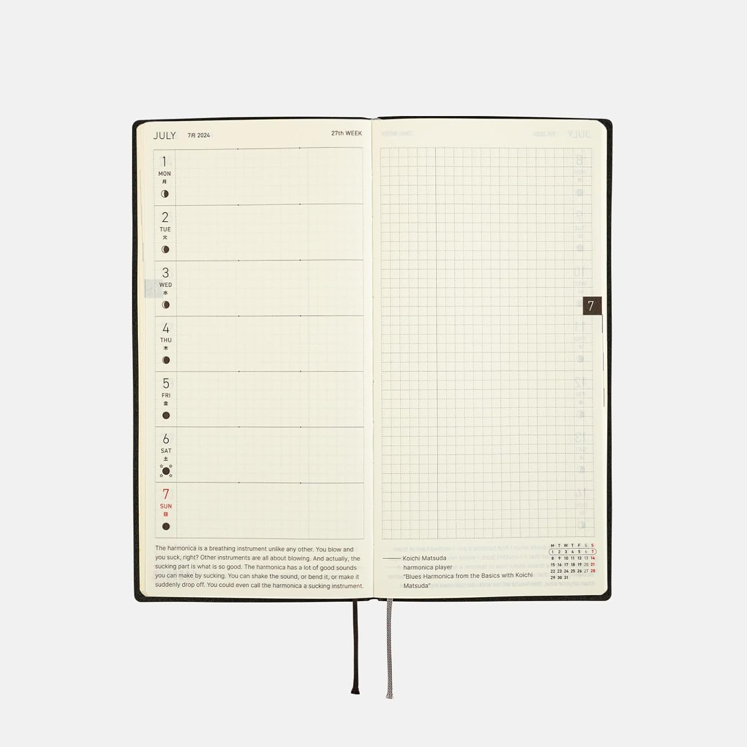 Hobonichi Techo Weeks InglésAlto y Delgado TamañoInicio de enero de 2024 Línea blanca Negro