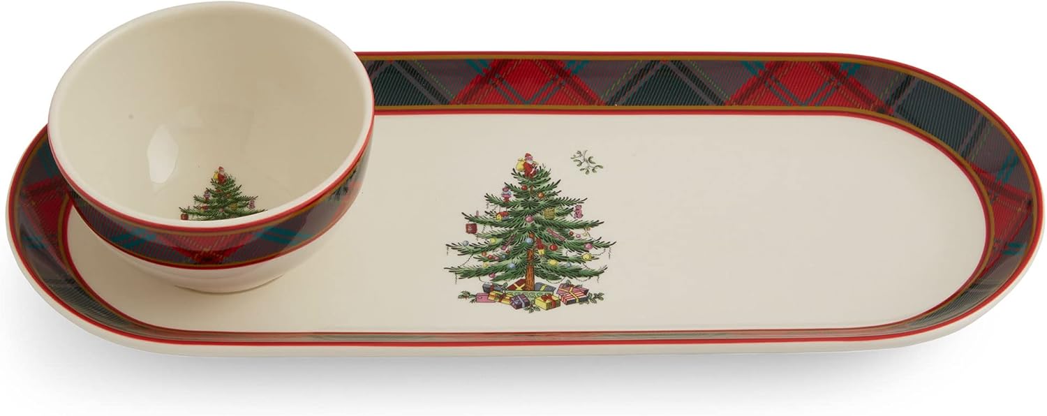 Spode Colección de árbol de Navidad  Tartán de 2 piezas para astillas y salsas, mide 13 pulgadas, hecho de loza fina, para salsas y aperitivos, apto