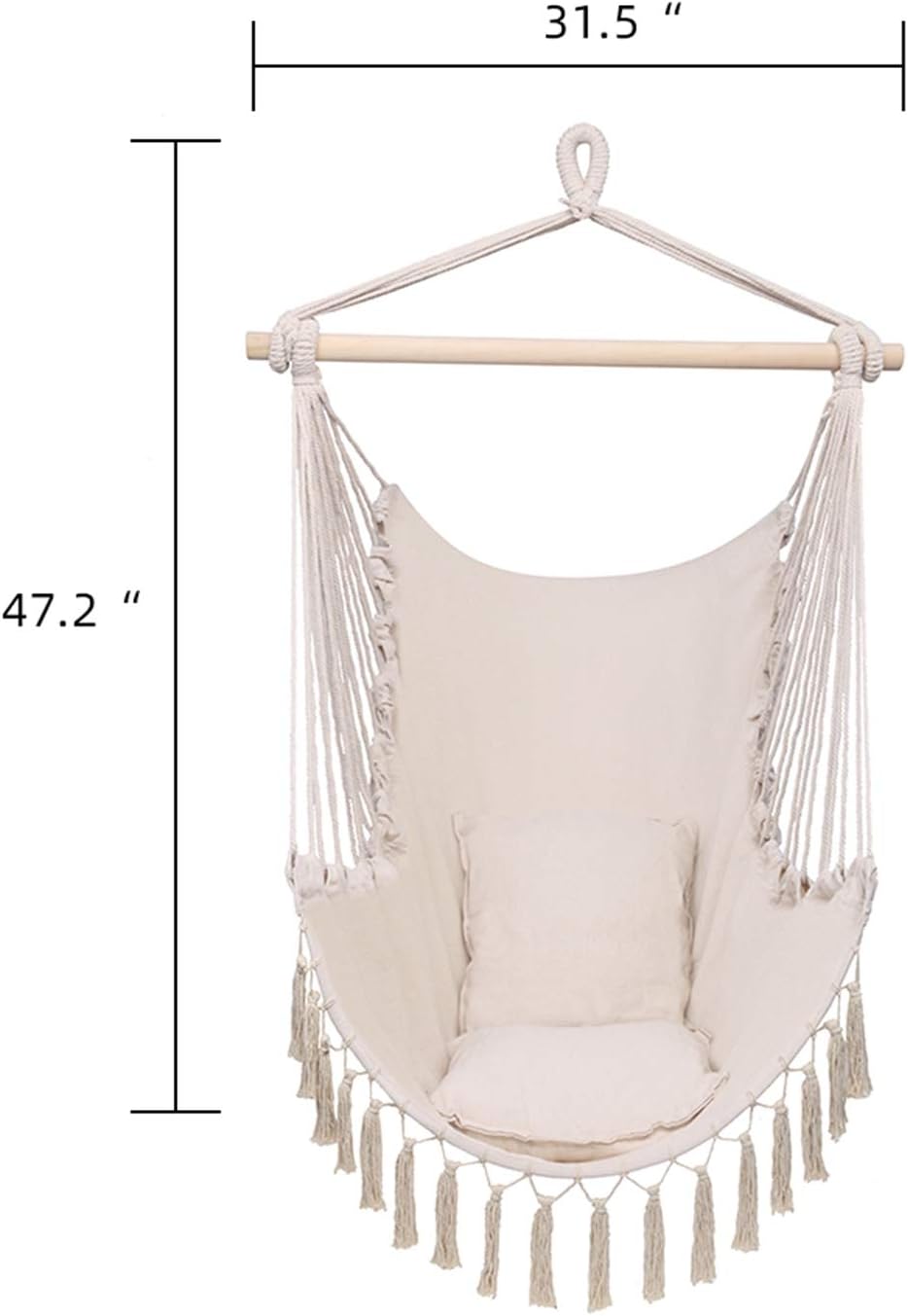 Silla hamaca colgante con cuerda oscilante, almohada colgante con borlas, máximo 330 libras, 2 cojines incluidos, silla colgante grande de macramé