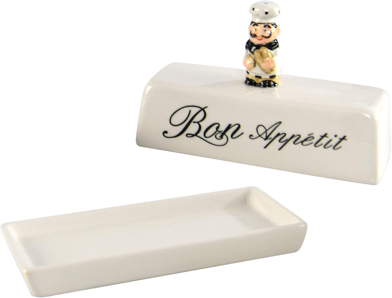 HOME-X Bon Appetit – Mantequillera con tapa, plato blanco para barra de mantequilla, plato con temática de chef, 6  pulgadas de largo x 3  pulgadas