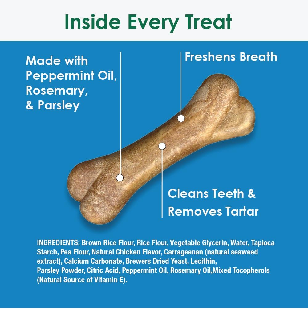 Bonies Aliento y fórmula dental golosinas para perros, ingredientes totalmente naturales, aliento fresco, limpia los dientes, bajo en calorías,
