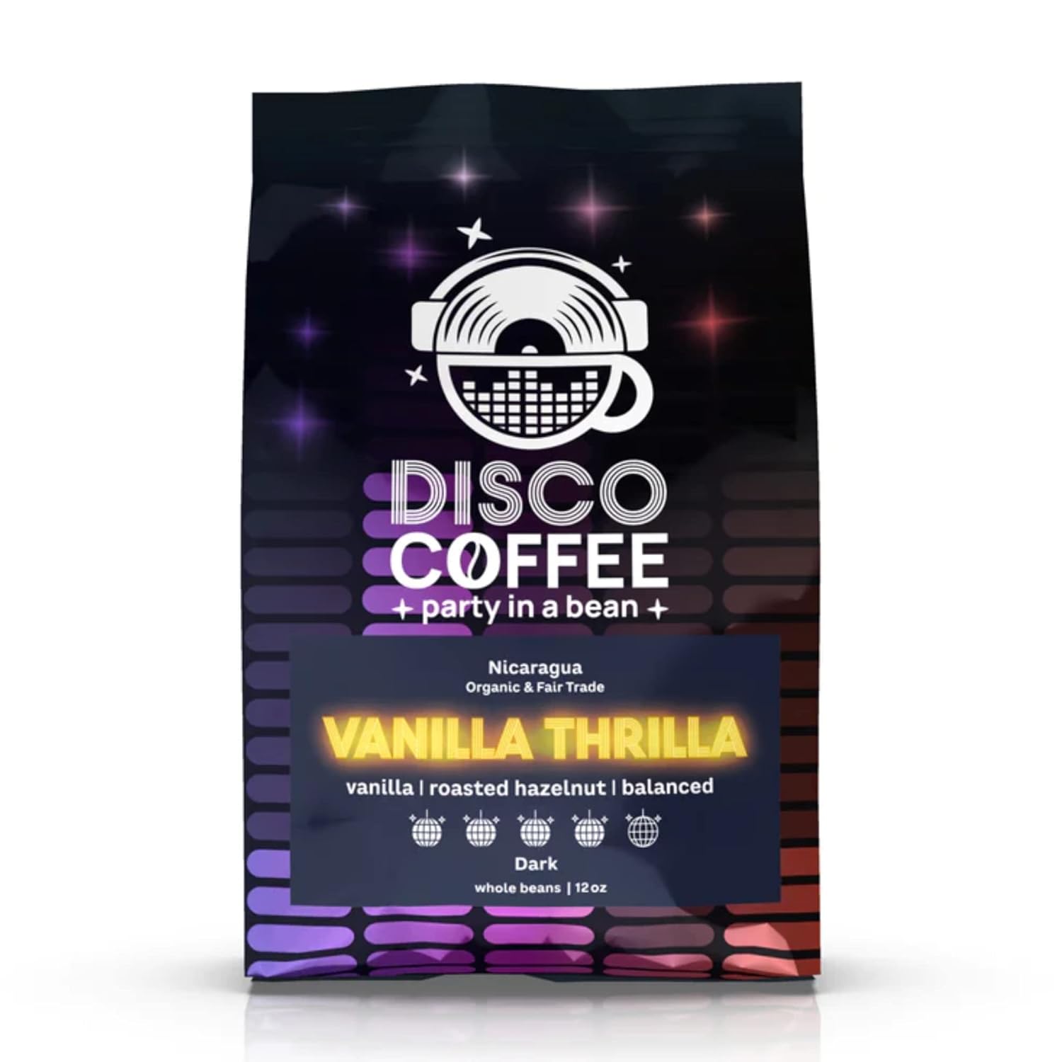 Disco Coffee Mezcla de café Thrilla de vainilla de tostado oscuro orgánico, café de calidad premium, Nicaragua (“cafetera casera” gruesa media, 12