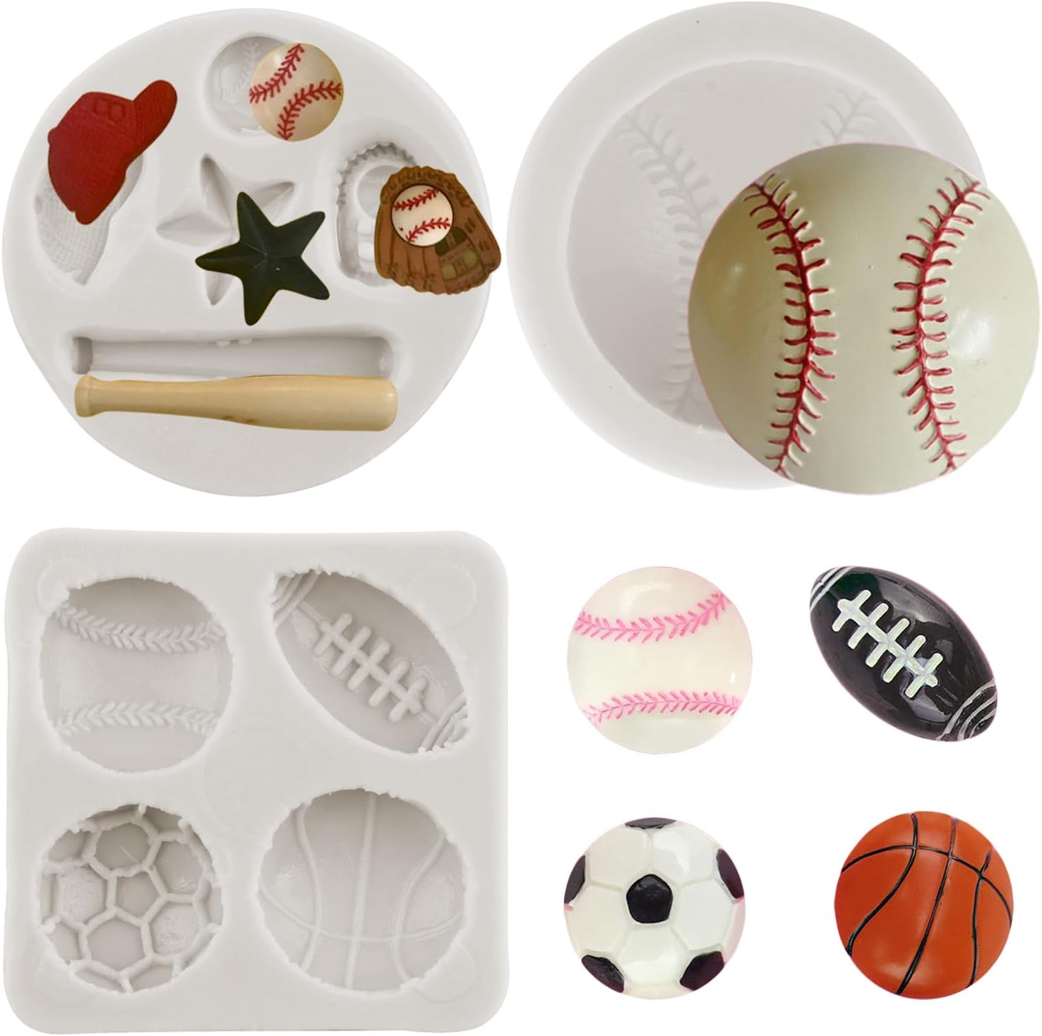 Moldes de silicona para béisbol, bate de béisbol, guante, sombrero, fondant, baloncesto, fútbol, rugby, moldes de chocolate para decoración de