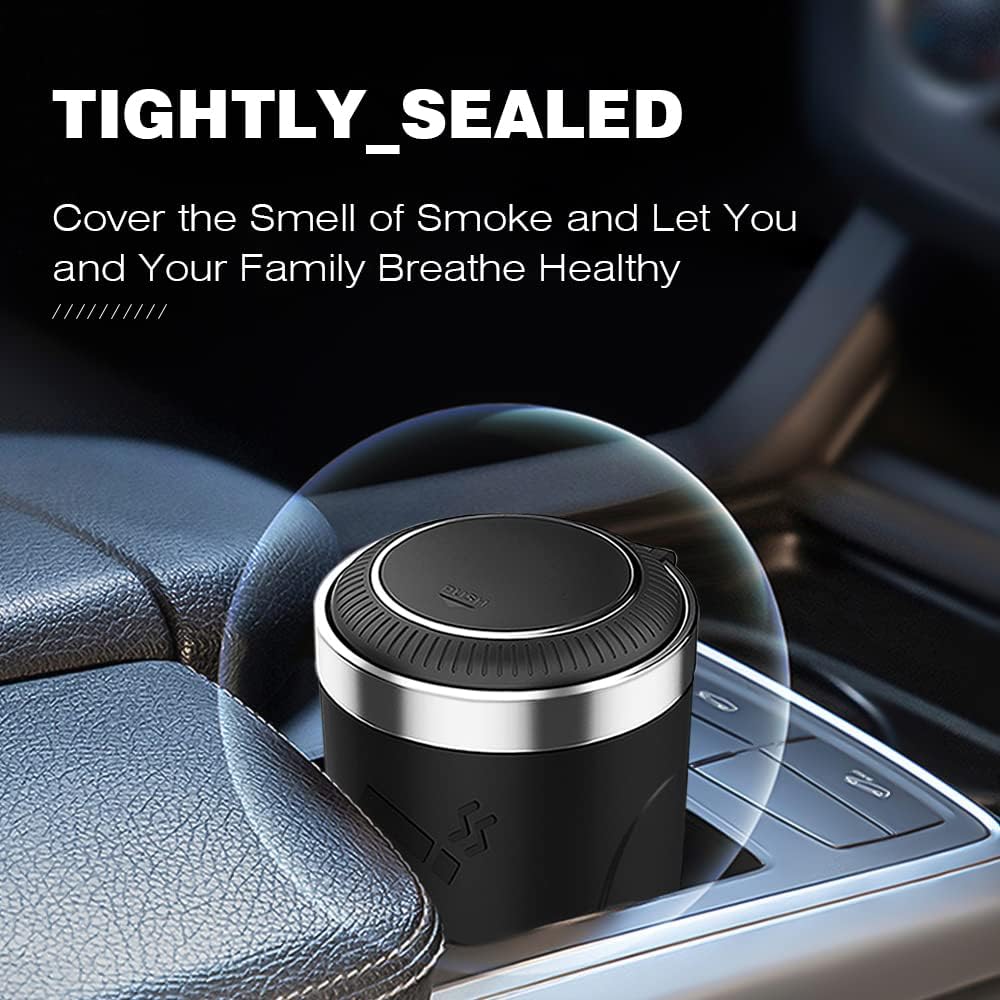 BALUME Cenicero de automóvil con tapa, cenicero portátil para automóvil, mini cubo de basura para automóvil, bandeja de cenizas desmontable de acero