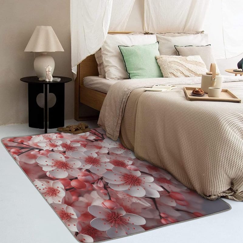 Alfombras lavables para sala de estar, dormitorio, alfombra en flor de cerezo y decoración del hogar, alfombra de área rosa Sakura de 5 x 8 pies,