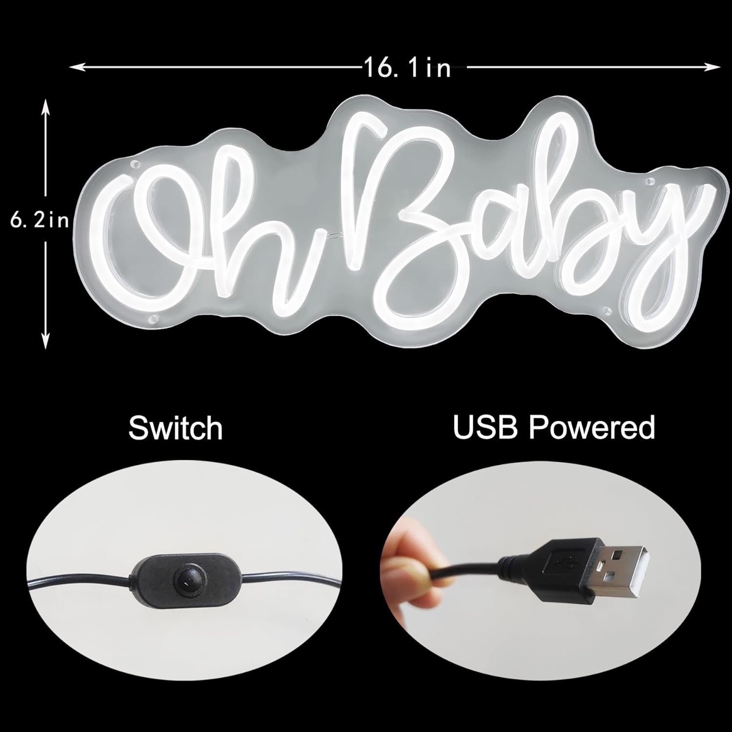 Letrero de neón con texto en inglés “Oh Baby” para decoración de pared, letrero LED de Oh Baby para dormitorio, pared de bebé, cuarto de bebé,