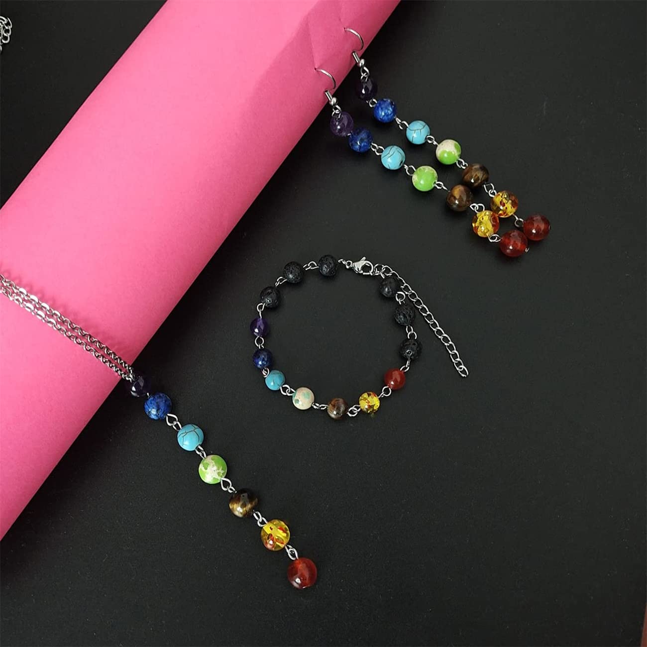Chakra Necklace Bracelet Earring Set For Women, Handmade Yoga Healing, Meditation, Calm, Anxiety Relief Jewelry Natural Stone Beading Set For Women