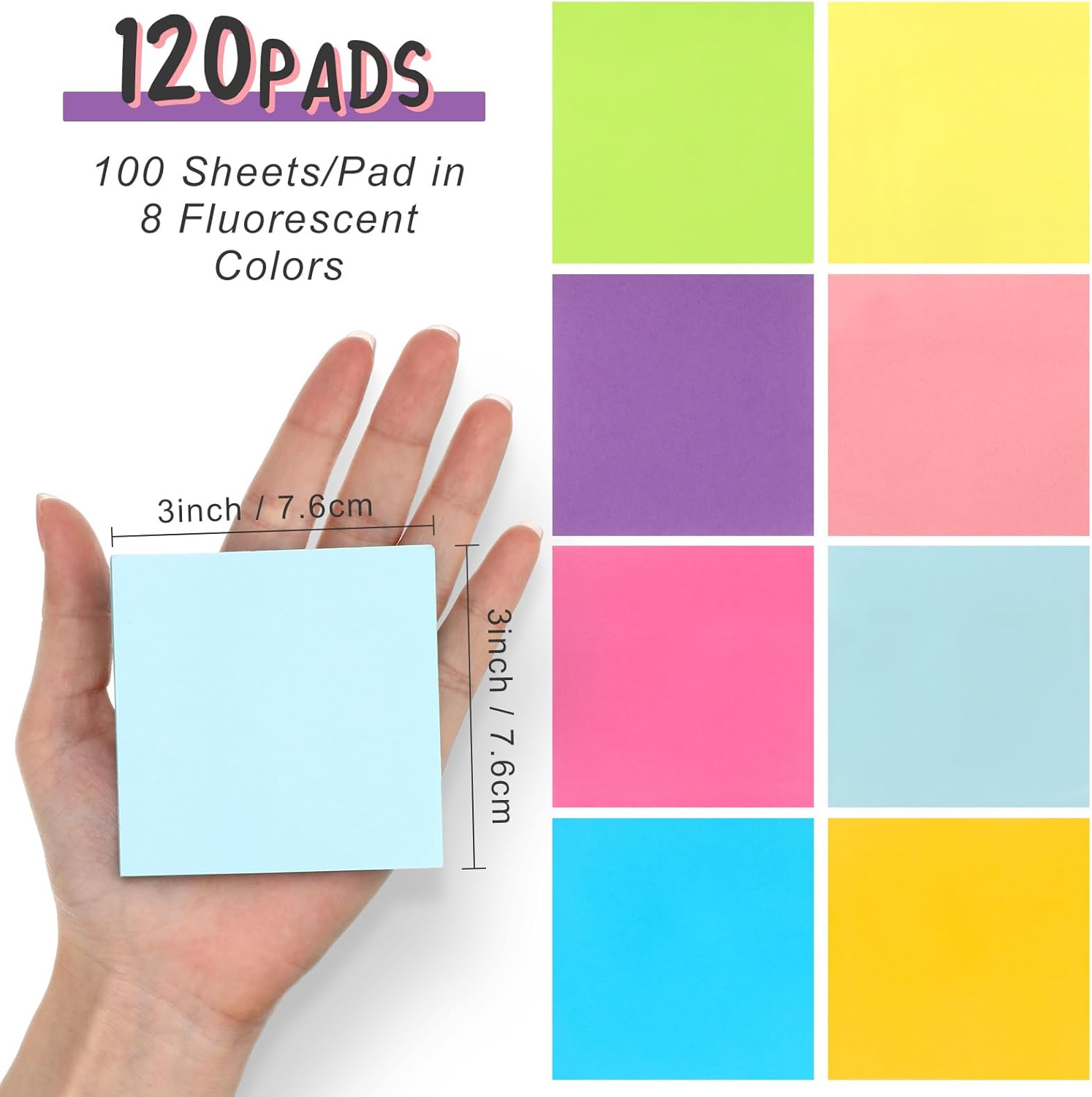Zhanmai Paquete de 120 notas adhesivas a granel de 3 x 3 pulgadas, 100 hojasblocs de notas adhesivas, en total, 12000 hojas de colores brillantes,