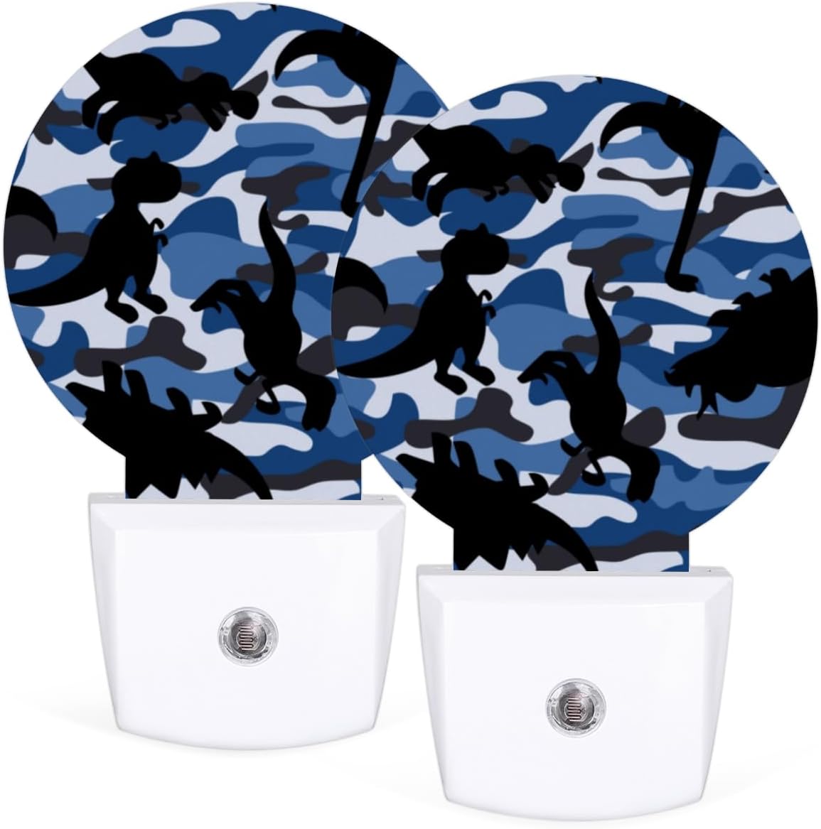 Juego de 2 luces nocturnas de dinosaurio de camuflaje para enchufar a la pared, con sensor automático del anochecer al amanecer, lámparas LED de