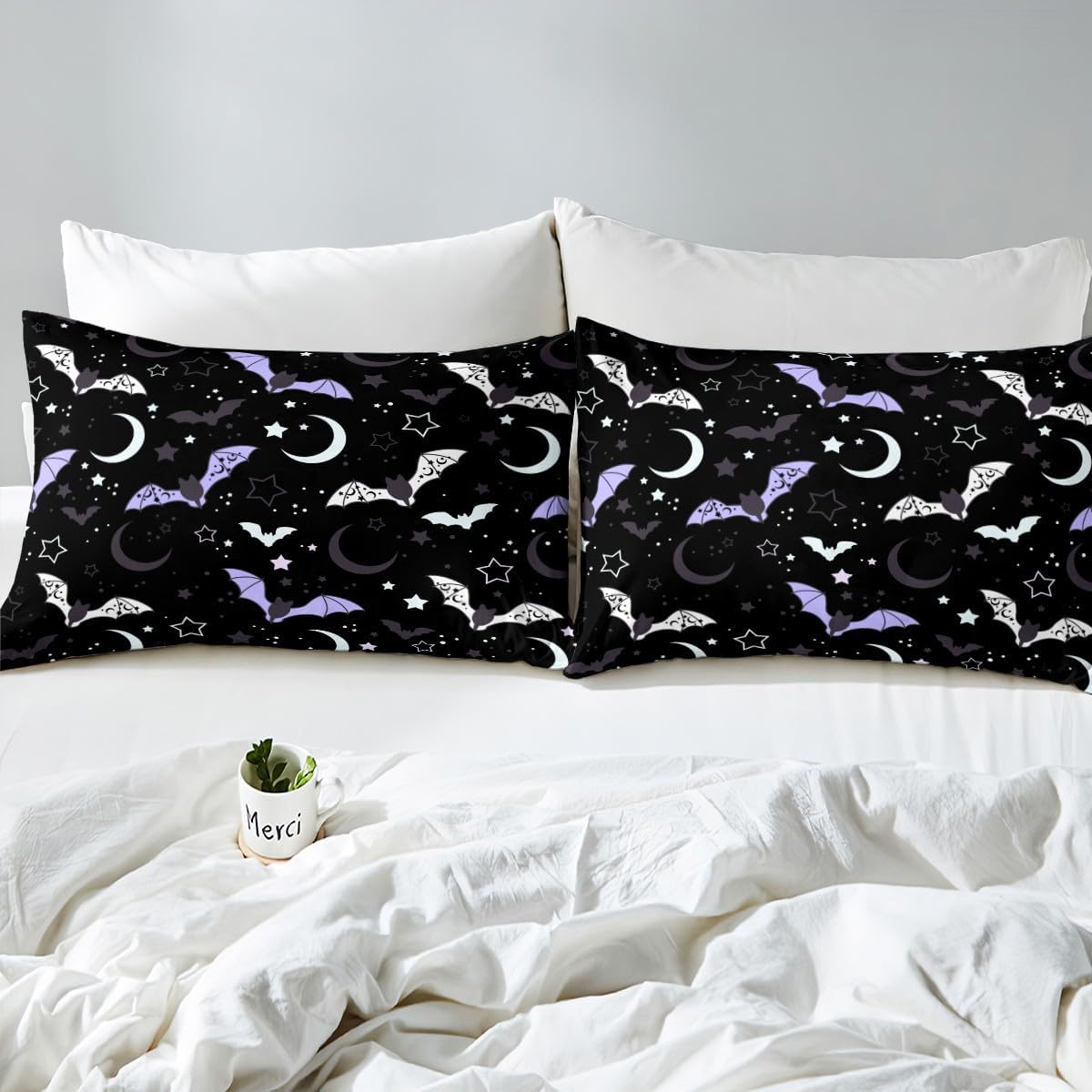 Feelyou Juego de funda de edredón con diseño de murciélagos, tamaño King, juego de ropa de cama de Halloween para niños y niñas, estampado de