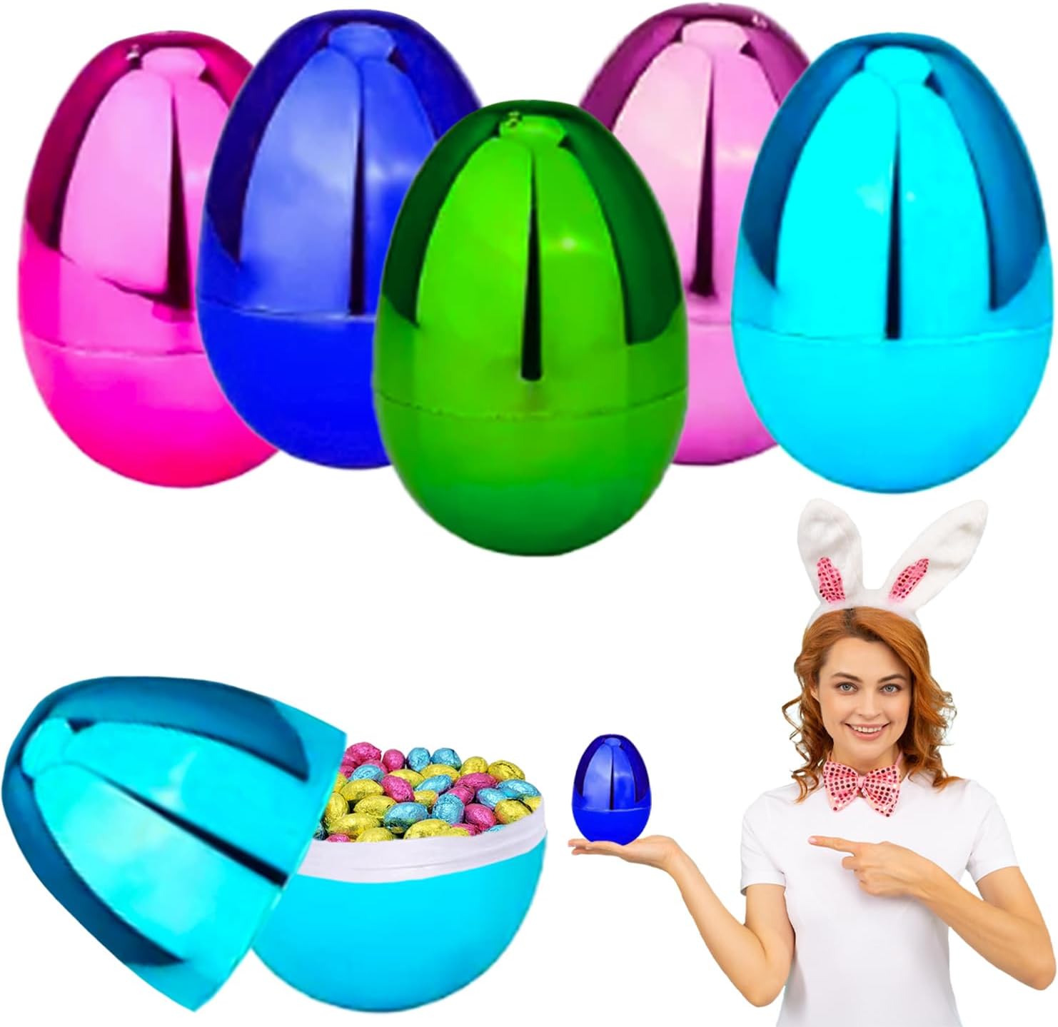 Huevos de Pascua rellenables (paquete de 12) huevos de Pascua gigantes de plástico metálicos coloridos de 6 pulgadas, se mantienen verticales,