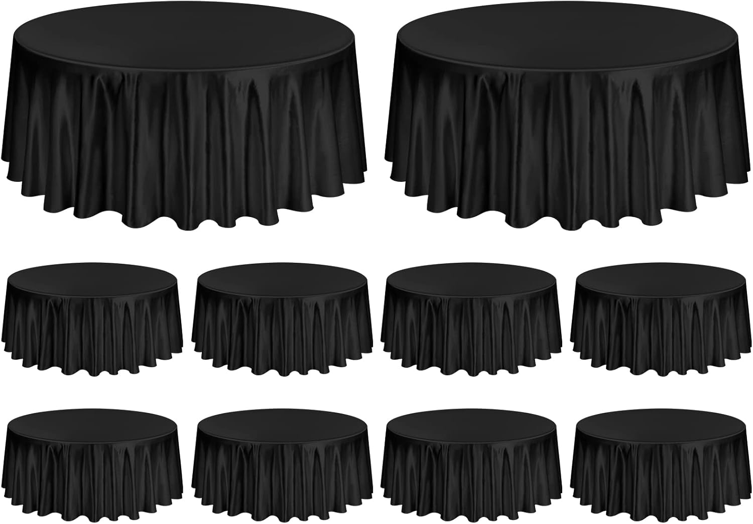 Paquete de 10 manteles de satén de 108 pulgadas, color negro, redondo, sedoso, de tela lavable, de seda brillante, para decoración de bodas,