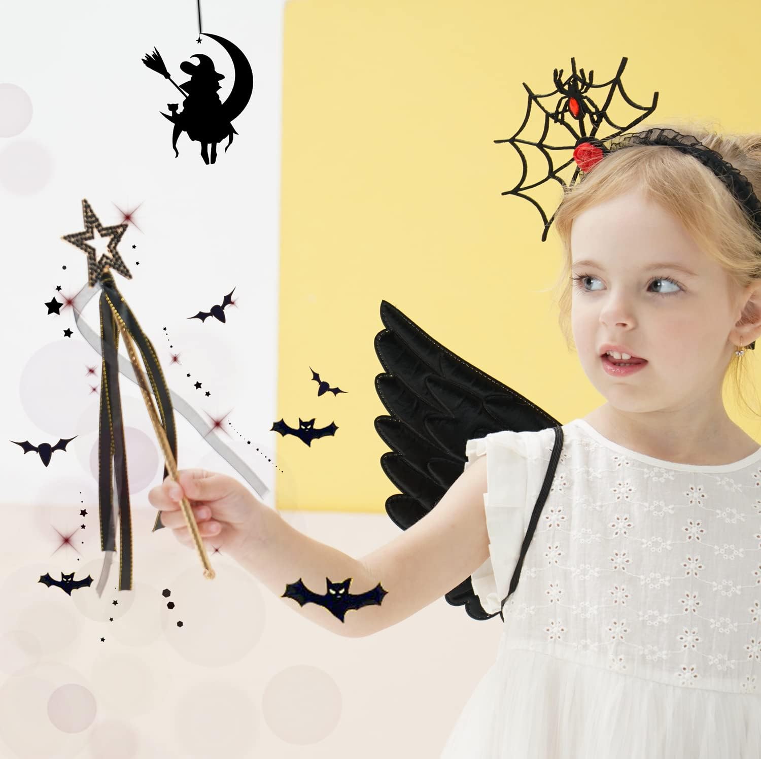Varita chapada en oro de estrella de metal negro con cinta para decoración de Halloween para niñas