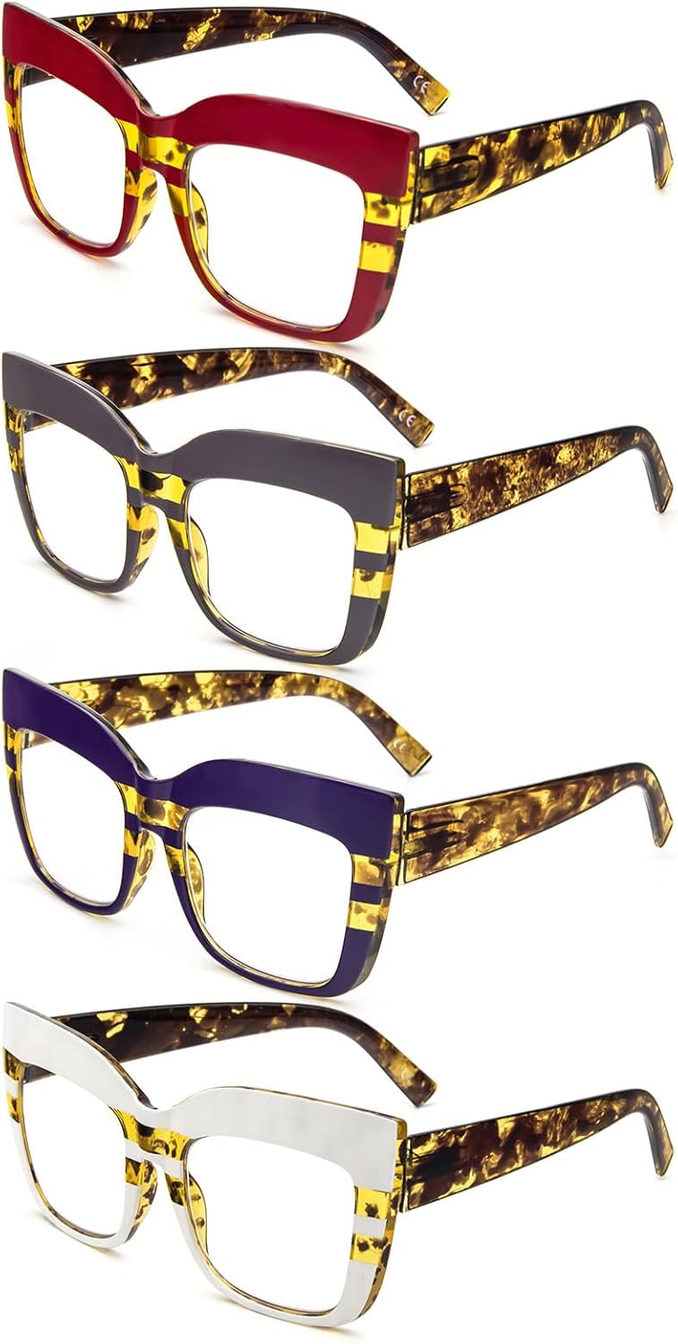KoKoBin Paquete de 4 elegantes lentes de lectura de ojo de gato con marco grande para mujer, lectores retro de gran tamaño, bloqueo de luz azul