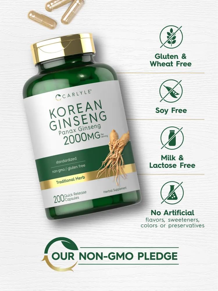 Carlyle Cápsulas de extracto de ginseng coreano de 2000 mg  200 cápsulas  Fórmula sin OMG y sin gluten  Suplemento estandarizado de Panax Ginseng