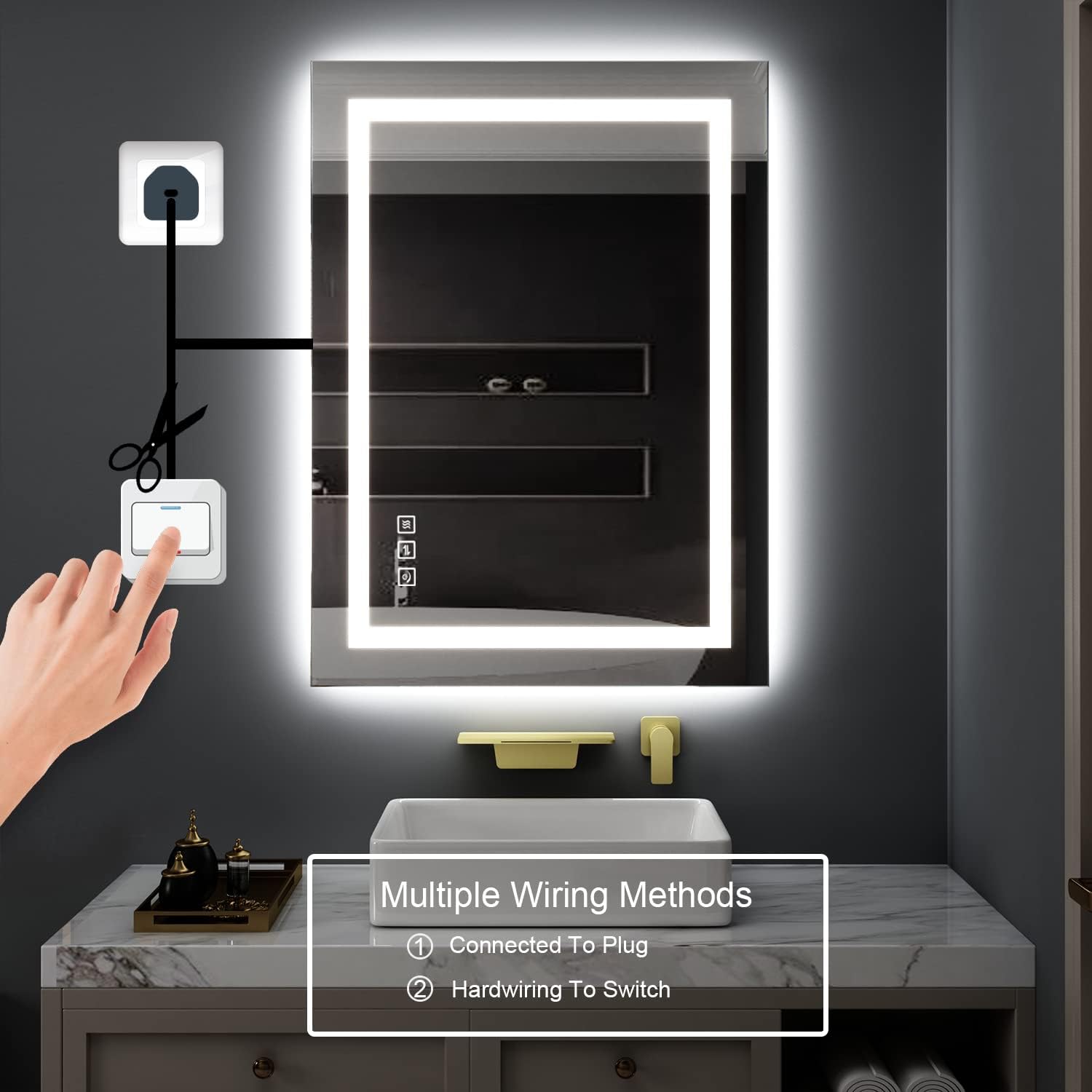 Espejo de baño LED de 40 x 24 pulgadas, espejo de tocador regulable, espejos de pared con 3 colores, antivaho, a prueba de roturas, memoria