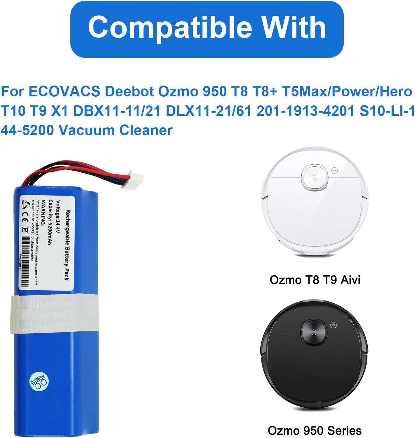 Batería de repuesto para aspiradora de 5200 mAh para Ecovacs Deebot T5 T8 T8+ T9 T9+ Deebot Ozmo 950 T10 T9 DX65, DX93, DX96 X1 X1 Omni X1 Turbo X1