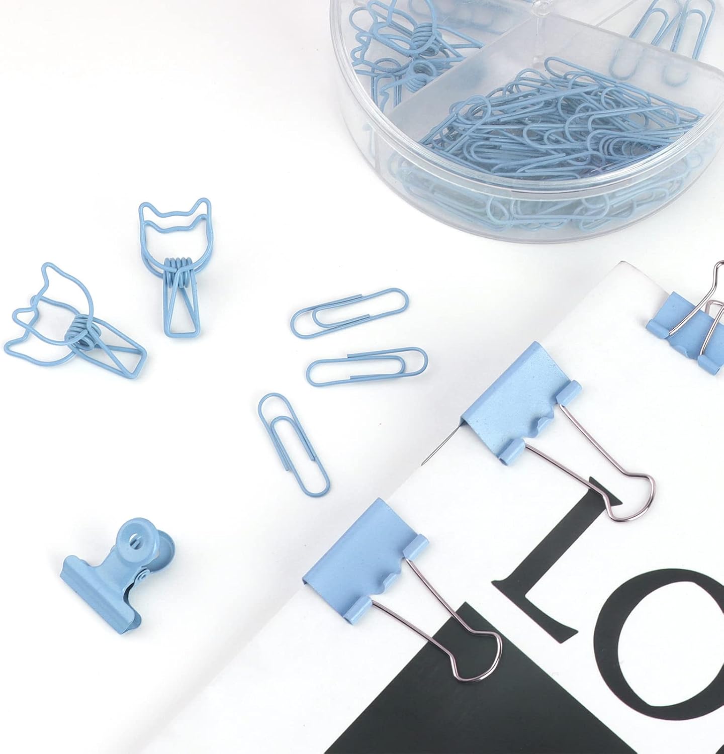 CREECHWA Juego de clips de papel azules y clips para carpeta, carpetas de metal de varios tamaños con pasadores, bonitos suministros de oficina para