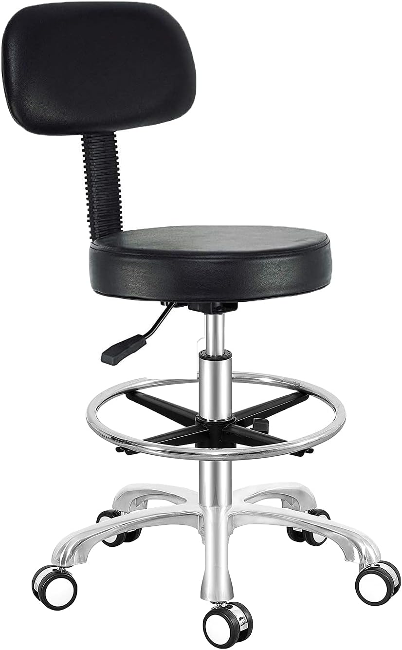 Antlu Taburete ajustable con ruedas y respaldo para oficina, tienda, cocina, salón médico, taburete giratorio con ruedas y respaldo (negro, con
