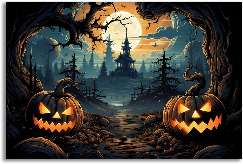 Decoración de muebles de Halloween, farol de calabaza, arte para pared, póster de terror de castillo negro con cara sonriente de calabaza, impresión