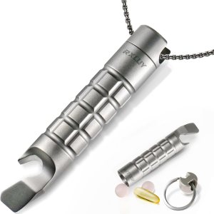 RXLUY Llavero de titanio, pastillero, barra de palanca, impermeable, organizador de píldoras de emergencia, caja portátil de bolsillo Prybar para RXLUY Llavero de titanio, pastillero, barra de palanca, impermeable, organizador de píldoras de emergencia, caja portátil de bolsillo Prybar para