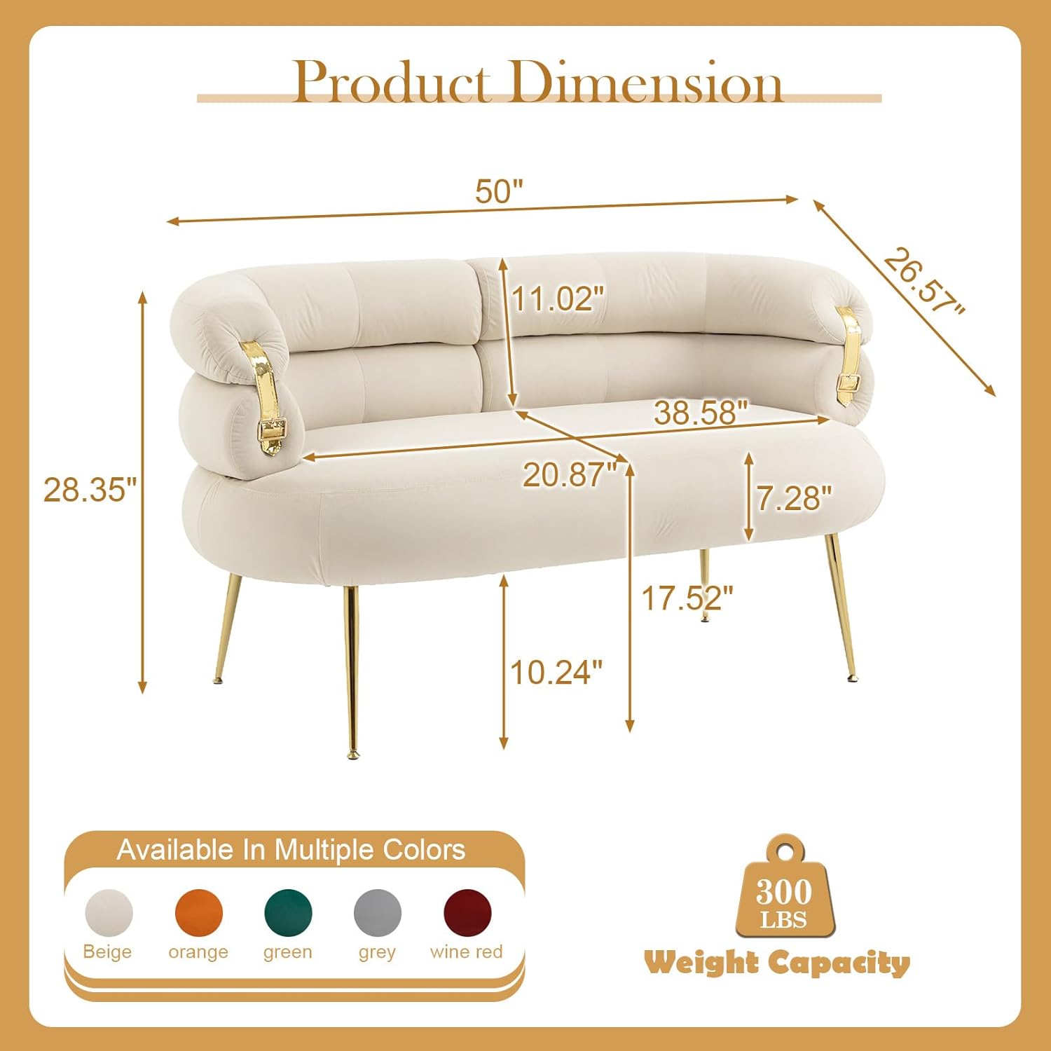 Antetek Moderno sofá biplaza de terciopelo, sillón tapizado con elegante decoración dorada, pequeño y cómodo sofá de descanso para sala de estar,