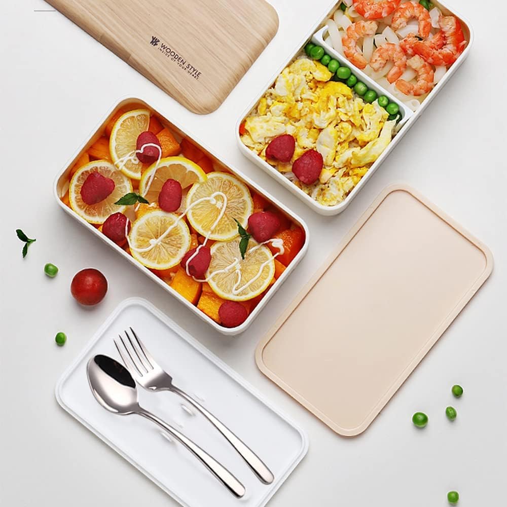 Lonchera Bento original estilo japonés de 2 capas con utensilios, cuchara y tenedor, divisor para ensalada para hombres y mujeres (blanco)