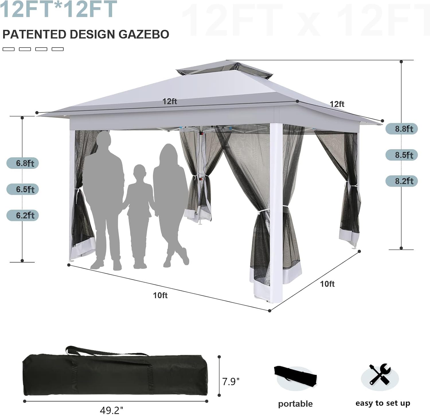 COBIZI Gazebo de 12 x 12 pies para exteriores, con mosquitera, toldo para patio trasero, con parte superior ventilada de 2 niveles, 3 alturas