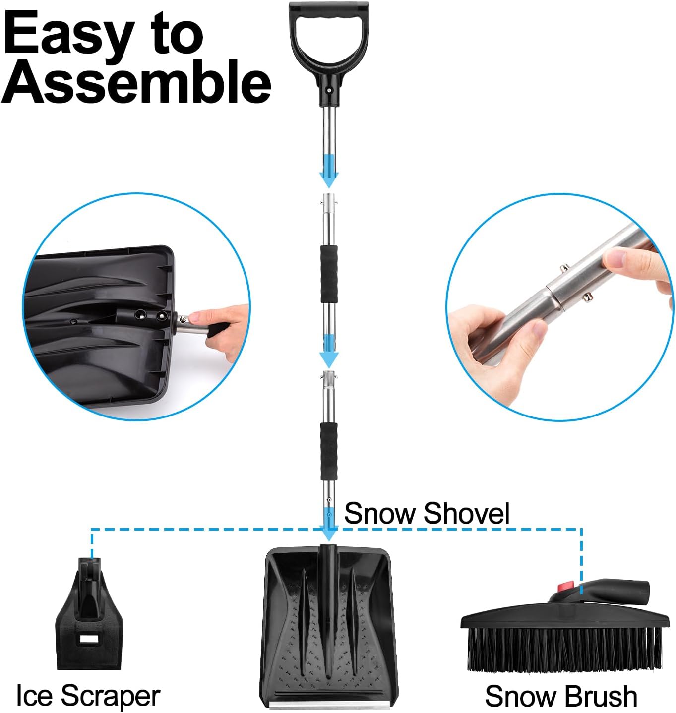 LESOLEIL Kit de pala de nieve, pala de nieve 3 en 1 con raspador de hielo y cepillo de nieve, kit portátil de eliminación de nieve de acero