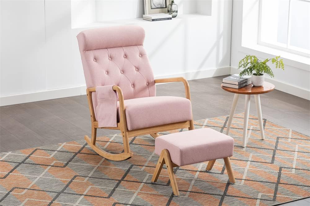 Mecedora con otomana, moderna tapizada de tela con base de madera maciza y bolsillo lateral, cómoda silla individual de respaldo alto con cojín