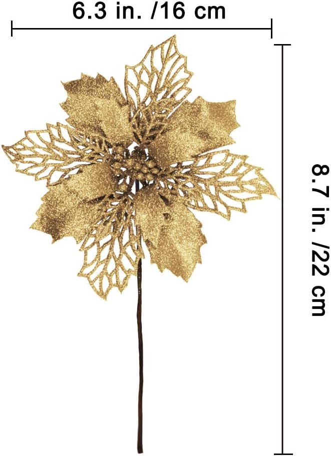 24 piezas de flores de Pascua artificiales de hojas de acebo de malla dorada con purpurina de Navidad, adornos de árbol de 5.9 pulgadas de ancho