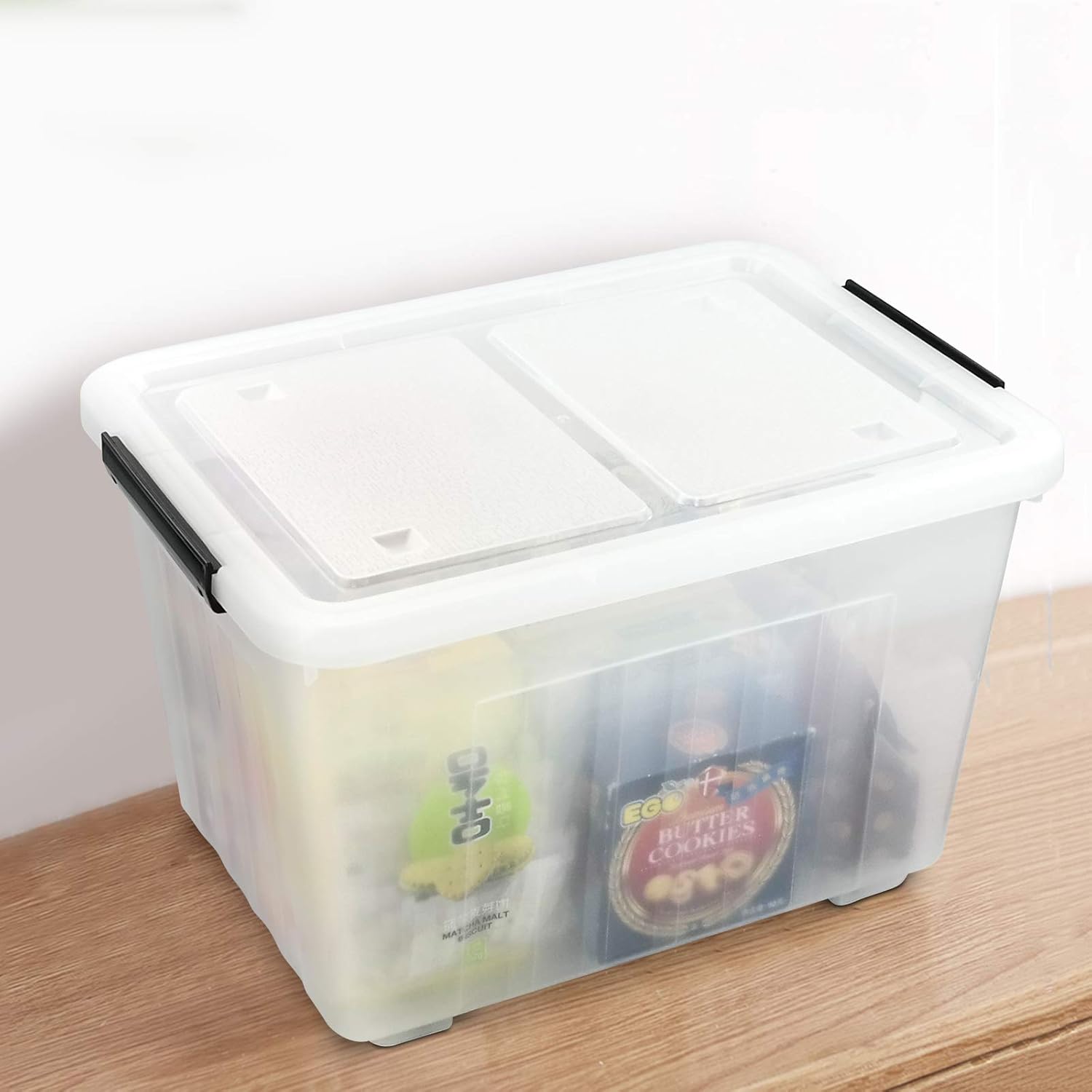 Bringer Paquete de 4 cajas grandes de plástico transparente con tapa, cajas de almacenamiento transparentes con ruedas de 42 L