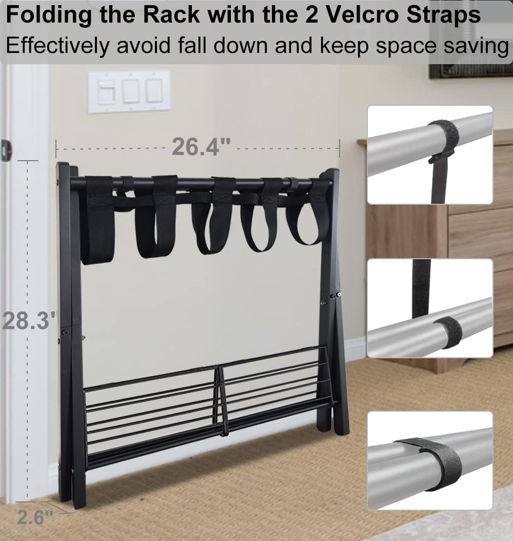 Portaequipajes plegable para habitación de invitados, soporte plegable de metal para maleta con estante de metal para dormitorio, negro, paquete de 1