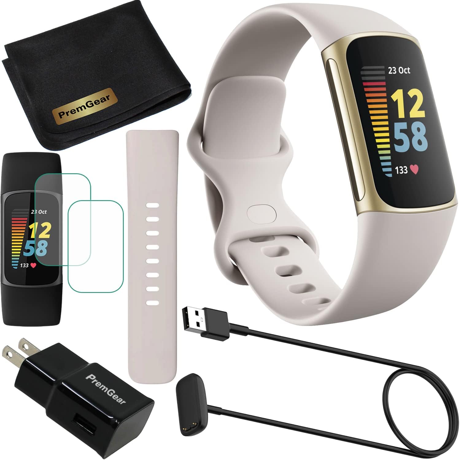 Fitbit Charge 5 Advanced Fitness & Health Tracker (blanco) con GPS integrado, herramientas de gestión de estrés, paquete con 2 correas de reloj,